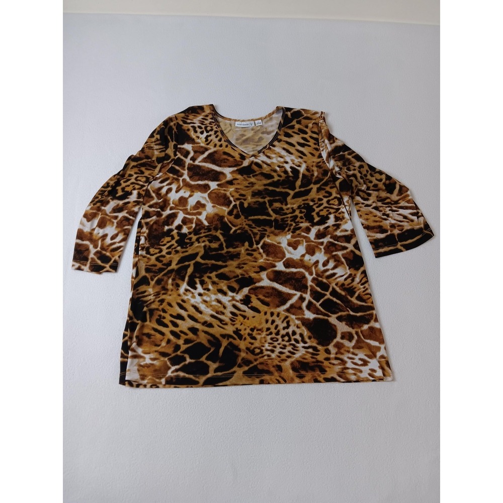 Susan Graver Dress Womens L Brown Animal Print Shift 3/4‎ Sleeve Stretch